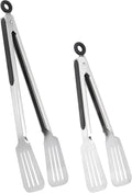 Tongs for Cooking, Set of 2 Metal Spatula Tongs for Grilling, Black | 9 inch & 12 inch, Flat Spatula Head, Comfortable Handle, Strong Grip, Easy Pull Lock, Flipping Utensil