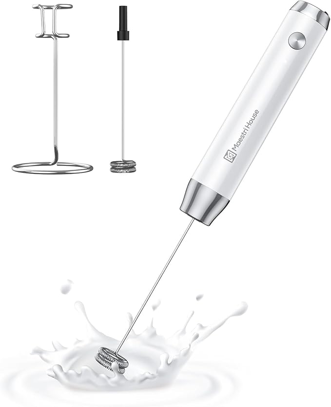 Maestri House LunaFro Rechargeable Milk Frother,Stand & 2 Detachable Whisks | 8000RPM Turbo Motor, 1200mAh lithium battery, Handheld Milk Frother for Lattes, Cappuccino, Matcha & Powdered Supplements