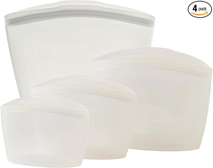 Blue Ginkgo Silicone Food Storage Bags, 4-Pack, Reusable, Made in Korea | Leakproof. Stand Up. Freezer and Dishwasher Safe. (Clear)