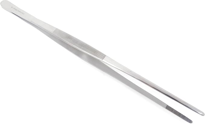 Professional Culinary Stainless Steel Precision Tongs with Serrated Tips, Plating/Food Presentation Detailing Serving Tongs, Chef's Kitchen Tweezer Tongs - Ultra Non-Slip Grip (12 Inch)