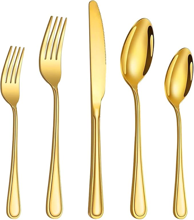 40 Pcs Gold Silverware Set for 8, Food Grade Stainless Steel Flatware Set, Eating Utensils Sets Include Fork/Knife/Spoon, Reusable Cutlery Set for Home Kitchen, Dishwasher Safe, Double-stripe