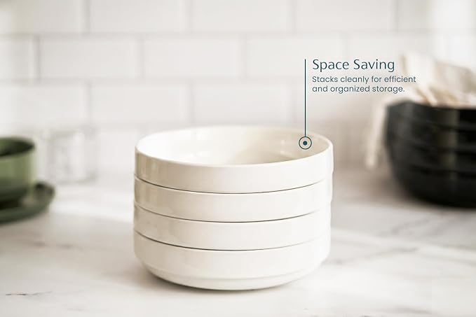 KooK Pasta Bowl, Bowl Plate, Low Bowl, Plate Bowls, Ceramic Large Shallow Bowls, Microwave and Dishwasher Safe, Great for Soups and Salads, Glossy Porcelain, 47 oz, Set of 4, White