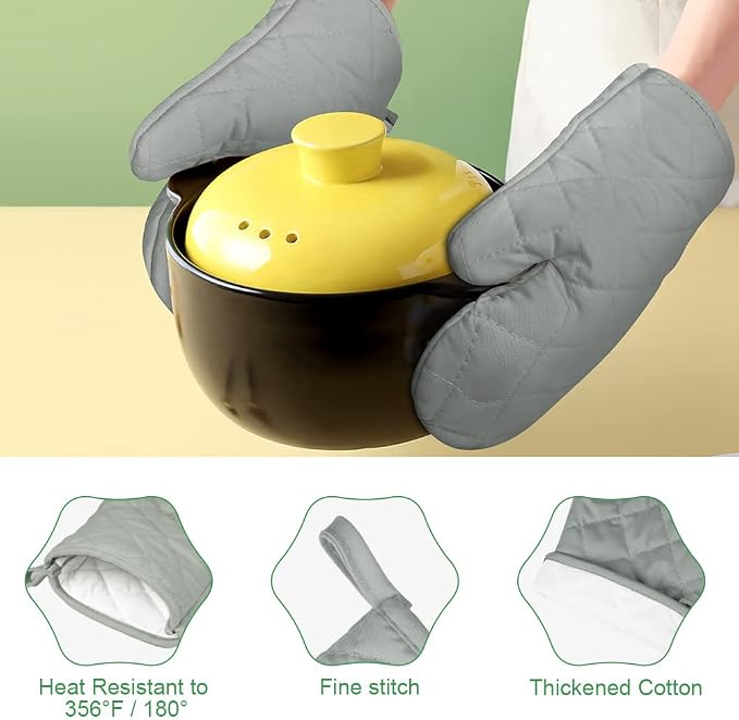 AUAUY Grey Oven Mitts, 1 Pair Kitchen Mittens, 392°F Heat Resistant | Oven Gloves Non-Slip Kitchen Gloves for Oven, BBQ Gloves-Oven Mitts Infill Cotton Cooking Gloves for Oven Grilling Baking