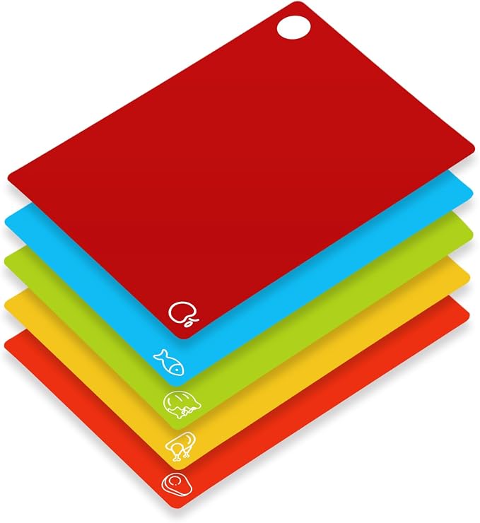 5 Pieces Flexible Cutting Boards with Hanging Hole, BPA Free Plastic Cutting Boards for Kitchen, Non Slip Cutting Mat for Meat and Vegetables