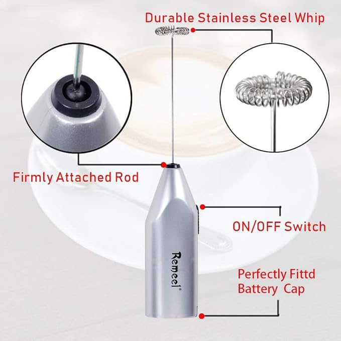 Handheld Milk Frother with Stainless Steel Whisk, Portable and Powerful Foam Maker for Morning Coffee, Latte, Cappuccino, Hot Chocolate (Silver)