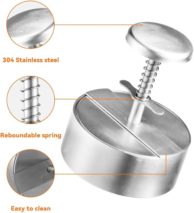 Brigii Burger Press, 5.5" 304 Stainless Steel Hamburger Press Patty Maker | Spring back design, thickness guide 100g-400g, easy release, no coating, no rust, dishwasher safe, for ground beef patties