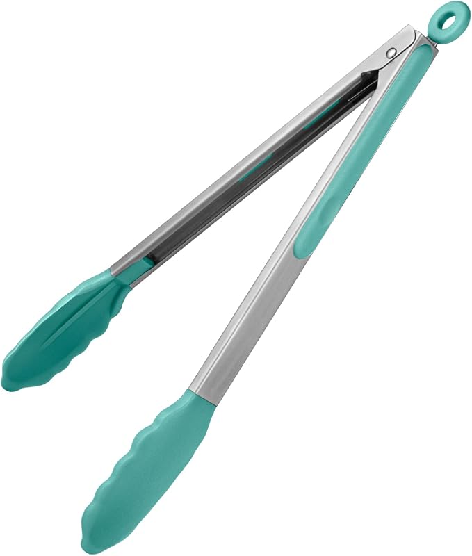 U-Taste Kitchen Tong for Cooking, 600ºF Heat-Resistant Tps, 12in/Aqua Sky | Large Tongs for Serving Food, Big Rubber Tong for Grill/BBQ, Silicone Tips & 18/8 Stainless Steel Handle, Smooth Locking