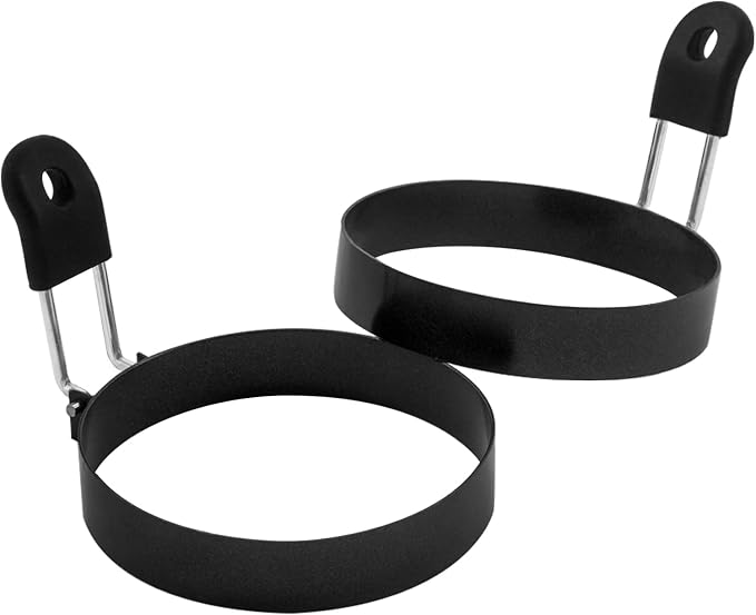 COTEY 3.5" Egg Rings Set of 2 with Silicone Handle, Large Ring for Frying Eggs, Round Mold for English Muffins - Griddle Cooking Shaper for Breakfast | Stainless Steel Fried Egg Cooker Ring Molds for English Muffin. Heat-resistant Silicone Handles Idea...