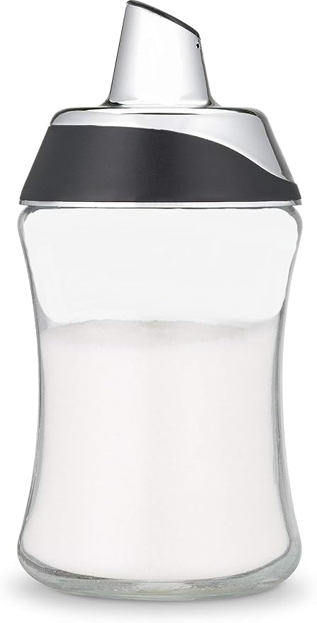 J&M DESIGN Glass Sugar Dispenser with Pour Spout for Coffee Bar, Tea and Kitchen Baking, Auto-Pouring Airtight Lid - 7.5 Oz Container