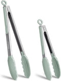 Tongs for Cooking, 600ºF High Heat-Resistant Stainless Steel Kitchen Tongs with Silicone Tips, Non Scratch, Locking Tong for BBQ Grilling Air Fryer Food Salads, Set of 2 (9" and 12") Sage Green