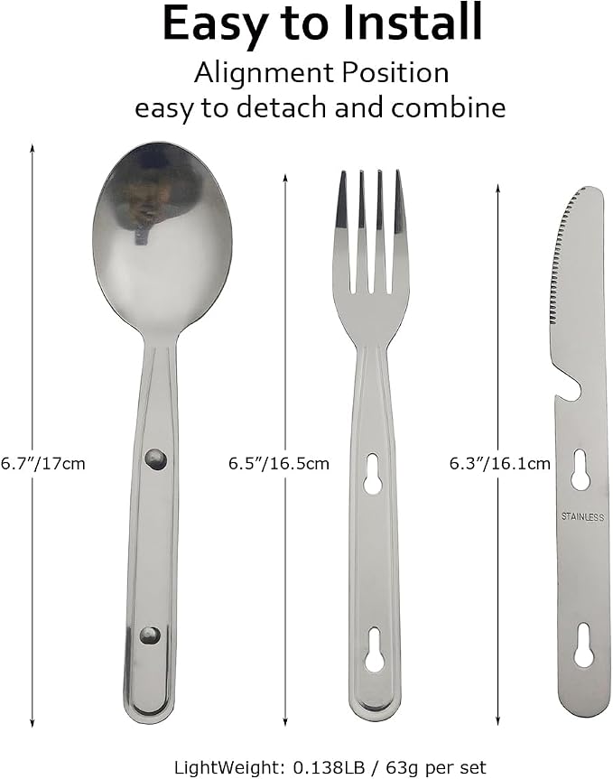 4-in-1 Camping Utensils Hiking Cutlery Set with Carrying Bag - 3 Pack | Portable Stainless Steel Flatware Spoon Fork Knife & Bottle Opener Combo for Picnic Travel, Backpack Outdoor Gear, Lunch Box