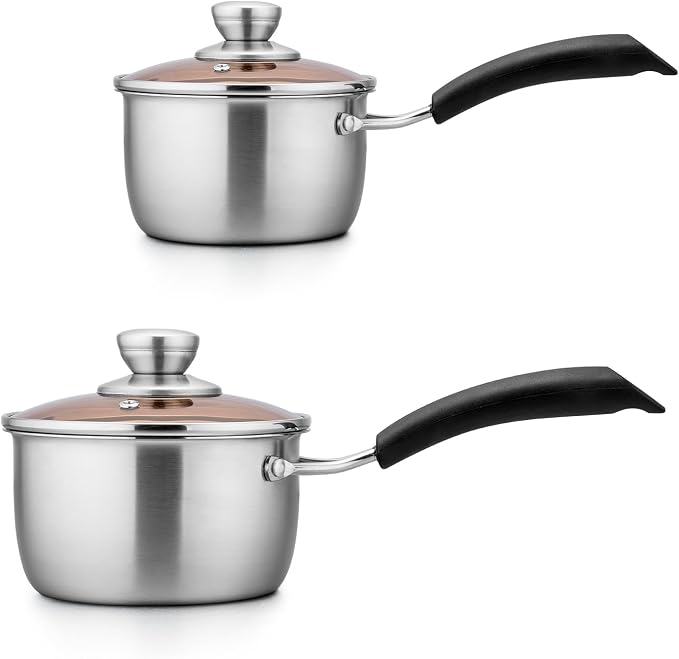 TeamFar 1qt & 2qt Saucepan with Lid, Stainless Steel Small Cooking Pot | Milk Sauce Pan with Long Handle for Home Kitchen, Non-Toxic & Heavy-Duty, Multi-use & Dishwasher Safe