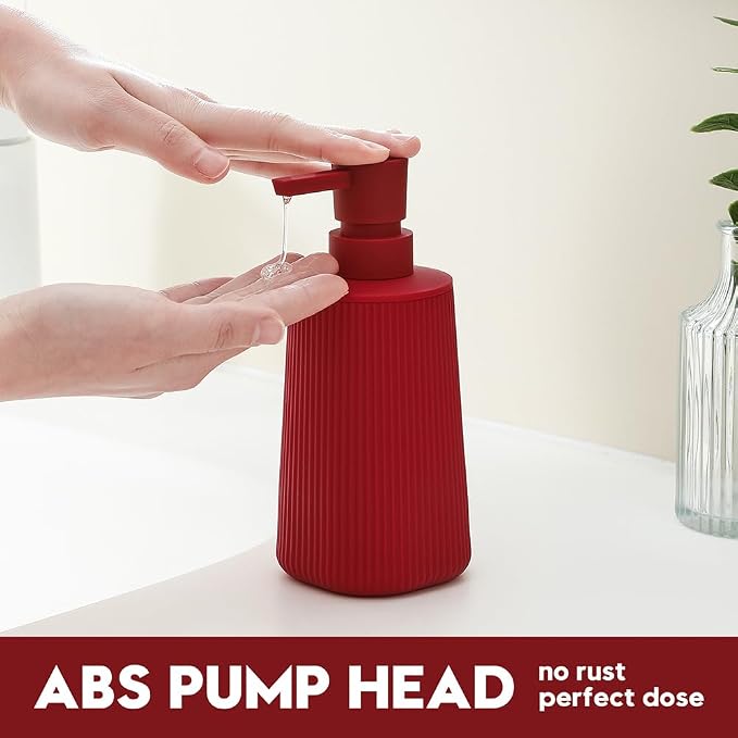 YAUKPH Small Soap Dispenser for Bathroom and Kitchen Matte Red | Modern Farmhouse Striped Style Plastic Hand Soap Dish Soap Dispenser with Pump