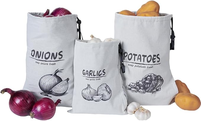 Potato Onion Garlic Storage Bag, Reusable Potato Onion and Storage Bag for Pantry, Vegetable Storage Bags with Drawstring Closure, 3 Packs (Potato Onion Garlic Bag)