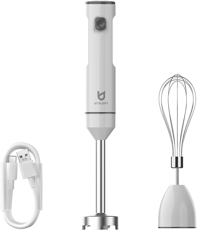 UTALENT Cordless Hand Blender with whisk for Smoothies, Milkshakes & Soups | Variable speed immersion blender, Pure Copper Winding Brushless Motor, USB-C rechargeable, Long-lasting, Ice crush blade