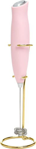 Paris Hilton Electric Handheld Milk Frother with Double Coil Head Whisk and Gold Metal Stand, Battery Powered (2 AA Batteries Required but Not Included), Pink