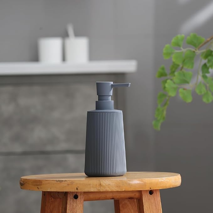 YAUKPH Small Soap Dispenser for Bathroom and Kitchen Matte Gray | Modern Farmhouse Striped Style Plastic Hand Soap Dish Soap Dispenser with Pump