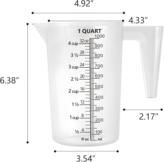 Plastic Measuring Cup with Handle, Pool Chemical Measuring Cup, Plastic Measuring Pitcher for Liquid Mixing, Pouring, Lawn Care, Pet Food, Motor Oil, Laboratory and More (32, Fluid Ounces, 1000ml)
