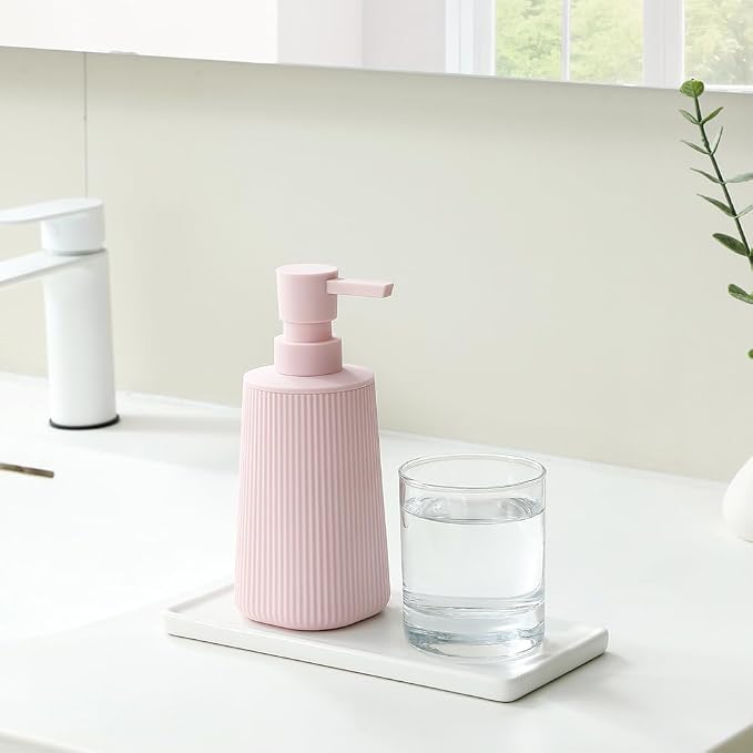 YAUKPH Small Soap Dispenser for Bathroom and Kitchen Matte Pink for Girls | Modern Farmhouse Striped Style Plastic Hand Soap Dish Soap Dispenser with Pump