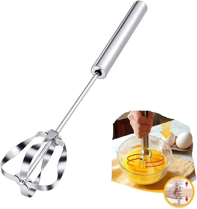 Stainless Steel Semi-Automatic Whisk Wider Hand Push Rotary Whisk Versatile Hand Push Mixer Stirrer Tool Rotary Egg Beater for Cooking, Blending, Mixing, Stirring, Whipping (10in)
