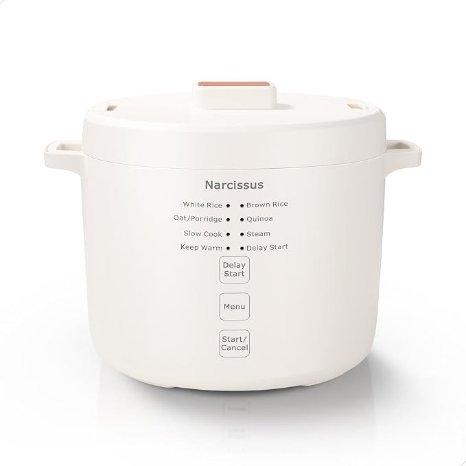 Narcissus Rice Cooker with Removable PFAS-Free Nonstick Pot, 3.5-Cup Capacity for 1-3 People, Multifunctional for Rice, Oatmeal, Quinoa, Slow Cook, Steam, Can Steam & Cook Simultaneously, Rice White
