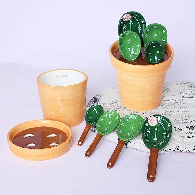 Cactus Measuring Spoons Set in Pot Ceramic House Warming Gifts New Home