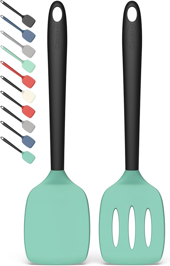 Coukre 2 Pack Silicone Spatula Set,High Heat Resistant, BPA-Free | Dishwasher Safe Kitchen Spatula for Nonstick Pans, Solid & Slotted Turners for Cooking, Sautéing, and Flipping,AquaGreenBlack
