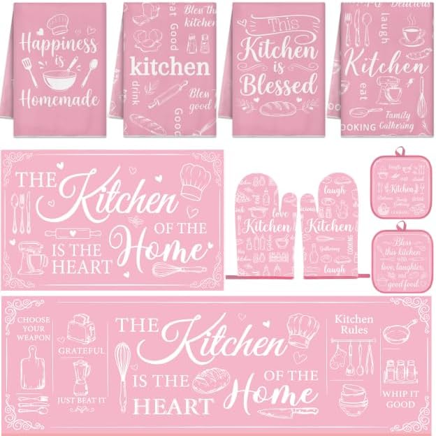 10 Pcs Kitchen Decor and Accessories Set, Pink Retro | Baking Cute Happiness 4 Dish Towels Kitchen Rugs 2 Oven Mitts 2 Pot Holders, Home Decor for Cooking Baking BBQ Housewarming