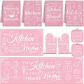 10 Pcs Kitchen Decor and Accessories Set, Pink Retro | Baking Cute Happiness 4 Dish Towels Kitchen Rugs 2 Oven Mitts 2 Pot Holders, Home Decor for Cooking Baking BBQ Housewarming