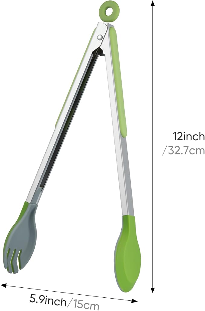 12 Inch Cooking Tongs, Stainless Steel Kitchen Tongs with Silicone Tips | 2-in-1 Design with 0.5oz Measure Spoon | for Cooking, Grilling, BBQ, Salad, Buffet, Serving | 12", Green