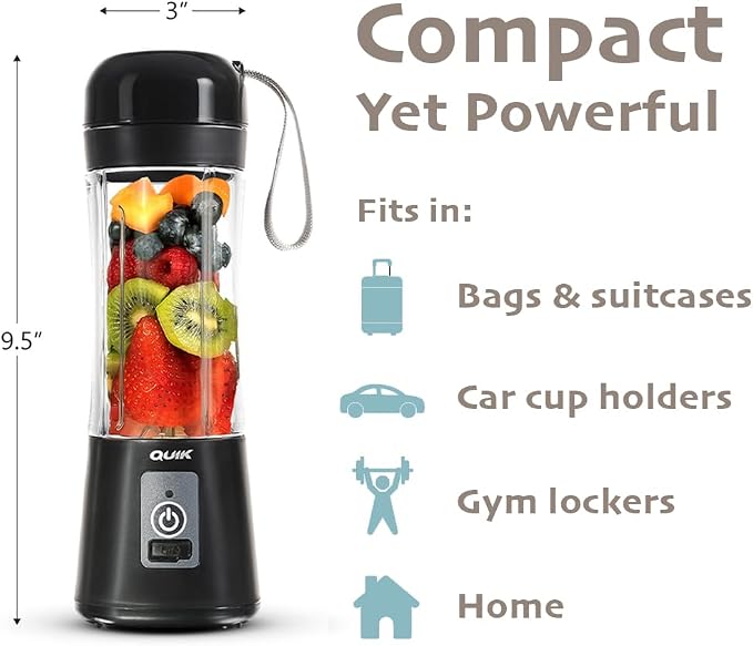 Portable Blender - Cordless 13oz. Personal Blender for Shakes and Smoothies, Licuadora, BPA Free, USB-C Rechargeable, Mini juicer for Travel, Leakproof, Juicer Cup, Ice Crush (Gray)