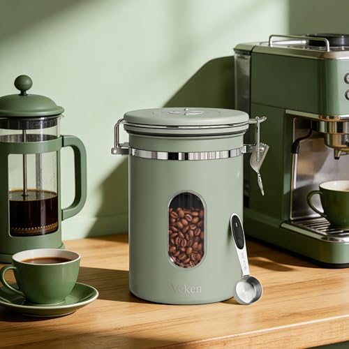 Veken Coffee Canister with Window, Airtight Stainless Steel Container,Date Tracker, Kitchen Food Storage Jars for Beans, Ground, Espresso, Rice,Tea, Sugar, Cereal, Gifts, Scoop,Green, 22OZ (Pack of 2)