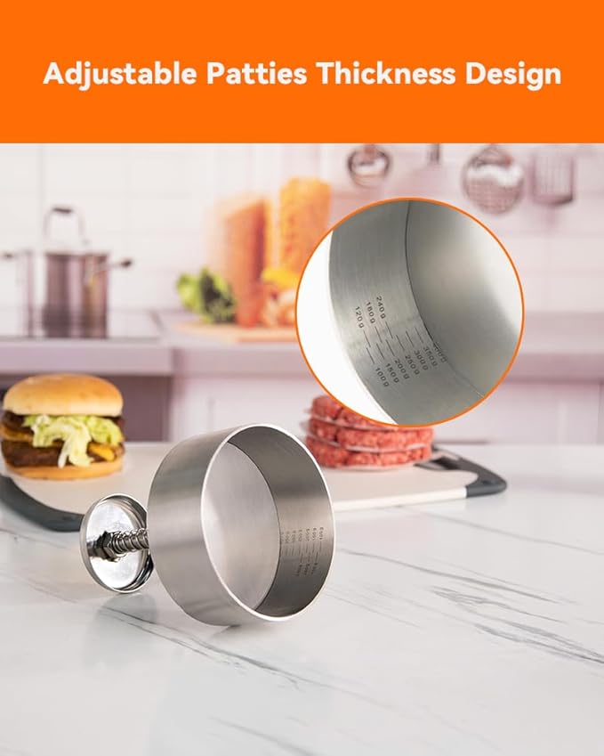 Brigii Burger Press, 5.5" 304 Stainless Steel Hamburger Press Patty Maker | Spring back design, thickness guide 100g-400g, easy release, no coating, no rust, dishwasher safe, for ground beef patties
