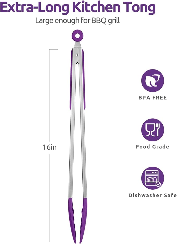 U-Taste Kitchen Tong for Cooking, 600ºF Heat-Resistant Tps, 16in/Purple | Extra Long BBQ Tongs, Large Tong for Grilling/Grabbing, Big Thong with Nonstick Silicone Tps & 18/8 Stainless Steel Handle