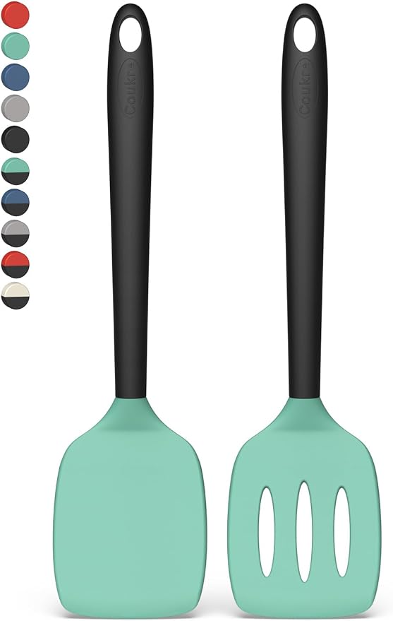 Coukre 2 Pack Silicone Spatula Set,High Heat Resistant, BPA-Free | Dishwasher Safe Kitchen Spatula for Nonstick Pans, Solid & Slotted Turners for Cooking, Sautéing, and Flipping, AquaGreen