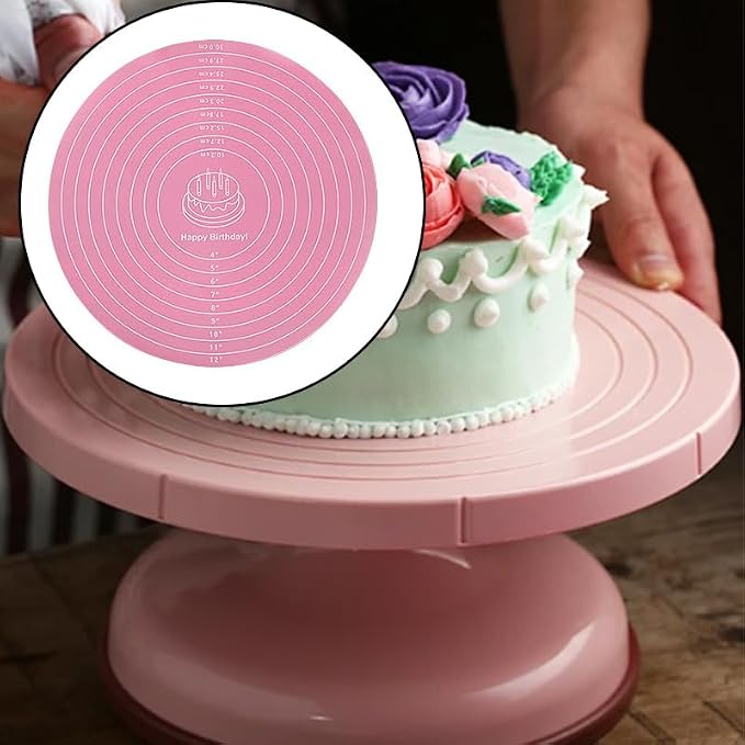 3 Pcs Silicone Cake Mats, 12 Inch Round Silicone Baking Mat with Measurements Reusable Non-Stick Non-Slip Heat Resistant Cookie Mat for Cake Turntable Pizza Dough Pastry Rolling (Pink, Blue, Green)