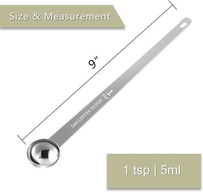 2PCS Extra Long Handle Coffee Scoop, 1Tsp(5ml) Measuring Spoon | 9” Length, Food-Grade Stainless Steel, Accurate Measurement, Dishwasher-Safe, Engraved Marking, Coffee Ritual Essential