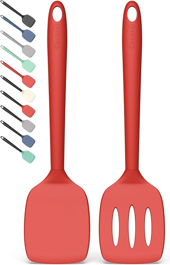Coukre 2 Pack Silicone Spatula Set,High Heat Resistant, BPA-Free | Dishwasher Safe Kitchen Spatula for Nonstick Pans, Solid & Slotted Turners for Cooking, Sautéing, and Flipping, PureRed