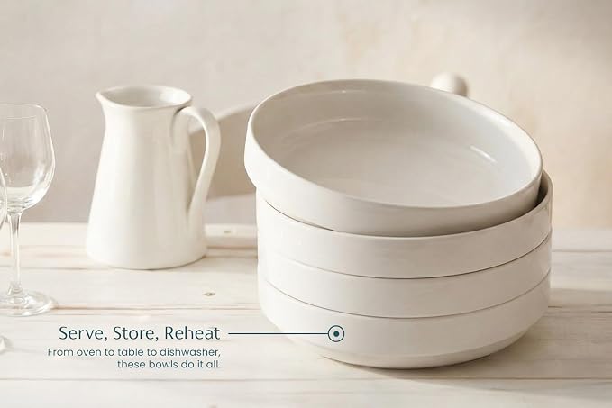 KooK Pasta Bowl, Bowl Plate, Low Bowl, Plate Bowls, Ceramic Large Shallow Bowls, Microwave and Dishwasher Safe, Great for Soups and Salads, Glossy Porcelain, 47 oz, Set of 4, White