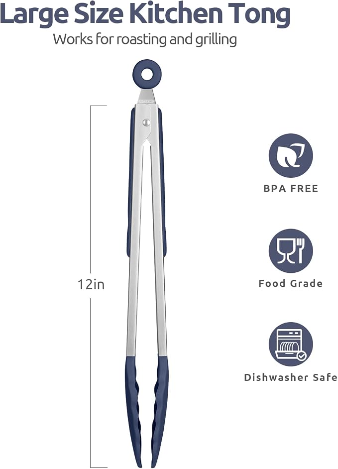 U-Taste Kitchen Tong for Cooking, 600ºF Heat-Resistant, 12in/Midnight Blue | Large Tongs for Serving Food, Big Rubber Tong for Grill/BBQ, Silicone Tips & 18/8 Stainless Steel Handle, Smooth Locking