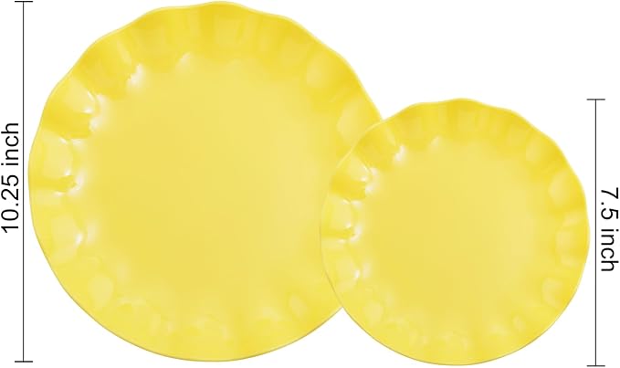 LIYH 24Pcs Yellow Plastic Plates Reusable, Dinner And Salad Set For Parties | Heavy Duty Scalloped Unbreakable Tableware, Reusable Or Disposable Style For Spring Picnics, Birthdays, Holiday Dinners