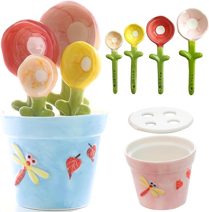 Flower Measuring Spoons Set in Pot - Ceramic Baking Measuring Spoons with Holder for Dry & Wet Ingredients - Cute Flower Figurine - Dishwasher Safe - 1 Tbsp, 1/2 Tsp, 1/4 Tsp - Unique Gift - Blue