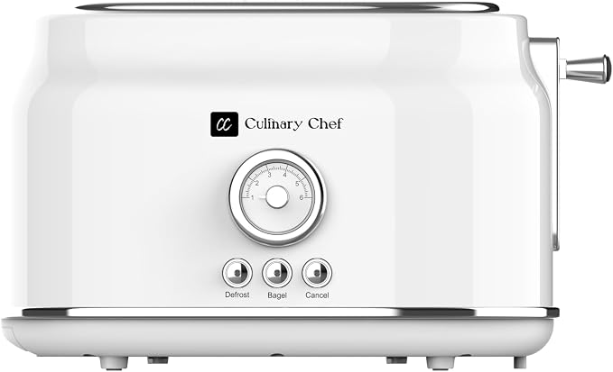 CULINARY CHEF, 2 Slice Toaster, Retro Style, Wide Slot for Bread, English Muffins, Croissants, and Bagels, 6 Adjustable Toast Settings, Cancel and Defrost, 900w, White