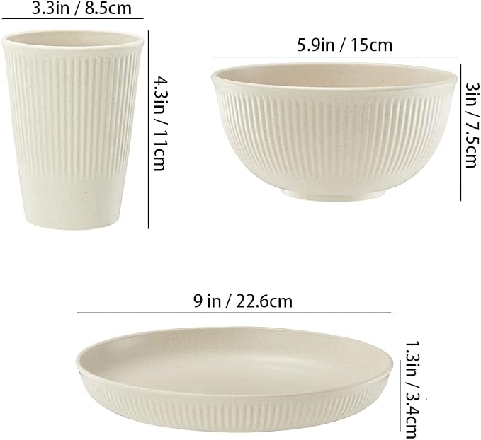 18pcs Wheat Straw Dinnerware Sets,HXYPN Unbreakable Reusable Dinnerware Set | Kitchen Cups Plates and Bowls Sets Dishwasher Microwave Safe Plates