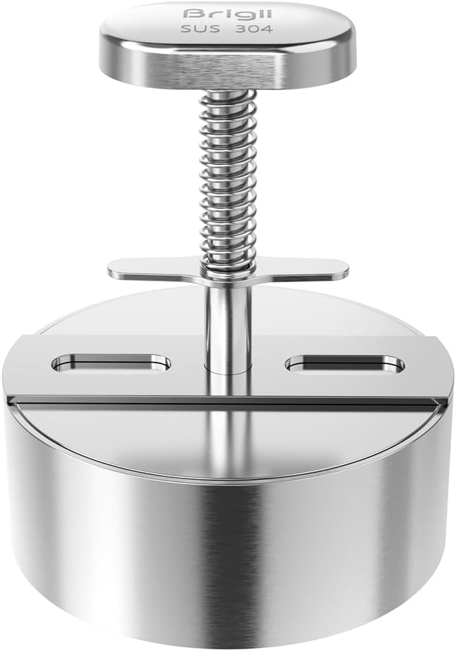 Brigii 304 Stainless Steel Burger Press, 4.5" Hamburger Press Patty Maker | Spring back design, thickness guide 100g-400g, easy release, no coating, no rust, dishwasher safe, for ground beef patties