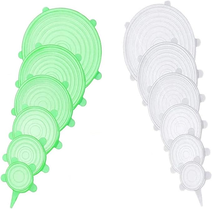 12 pcs Silicone Stretch lids set, 6 Sizes, Reusable Food Storage Covers ，Silicone Bowl Covers，Flexible to Fit All Shape of Containers，Food Cover to Keep Food Fresh (green,white)