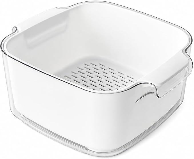 Double Layer Draining Basket for Kitchen, Fruit & Vegetable Washing Colander with Water Catch Tray, Food Grade Drain Basket, Large Capacity Produce Washer, Kitchen Strainer Bowl, Easy to Clean