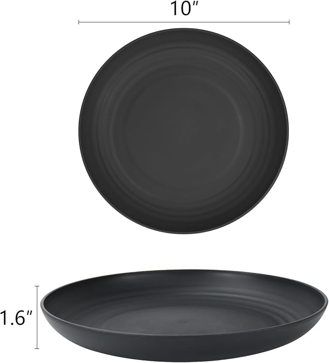 Dinner Plates Set of 8 Alternative for Plastic Plates Microwave and Dishwasher Safe Wheat Straw Plates for Kitchen Unbreakable Plate Set (Black, 10 inch)