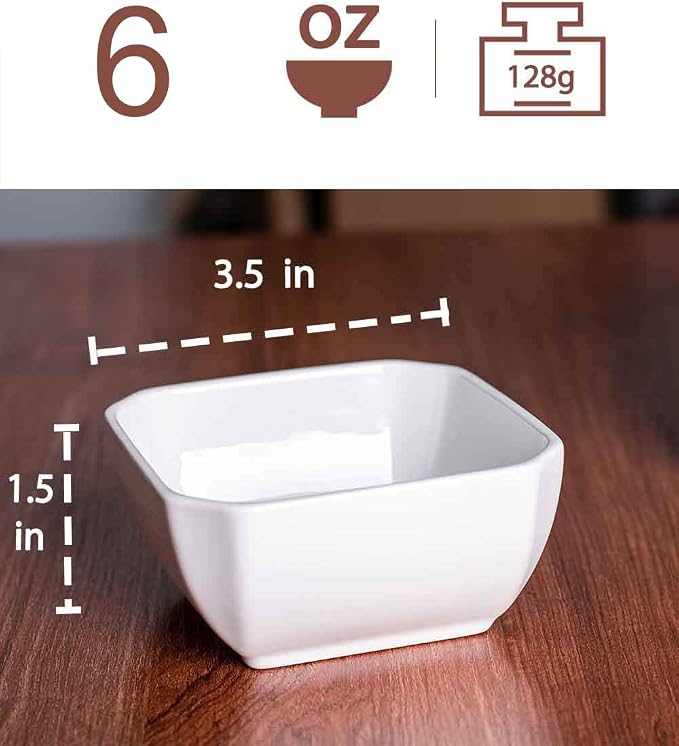 DELLING 6 Oz Porcelain Ramekins Set of 6, Square Souffle Dishes Oven Safe - White Ceramic Creme Brulee Ramekins for Baking, Dishwasher Microwave Freezer Safe Dessert Cups for Pudding Custard