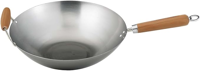 Helen's Asian Kitchen Carbon Steel Wok, 14-Inch, Flat Bottom Stir Fry Pan